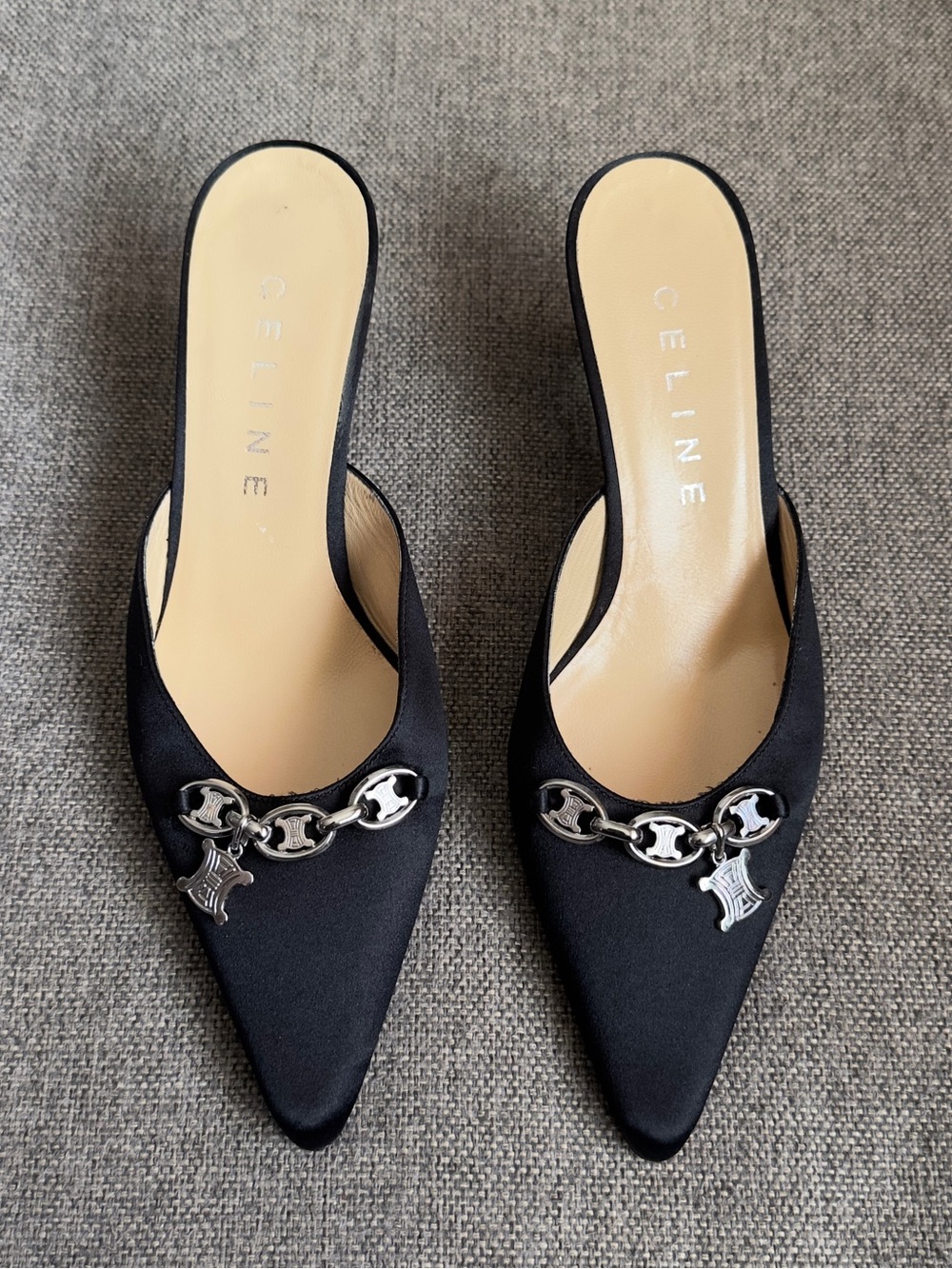 Vintage Celine satin black heels with silver logo chain